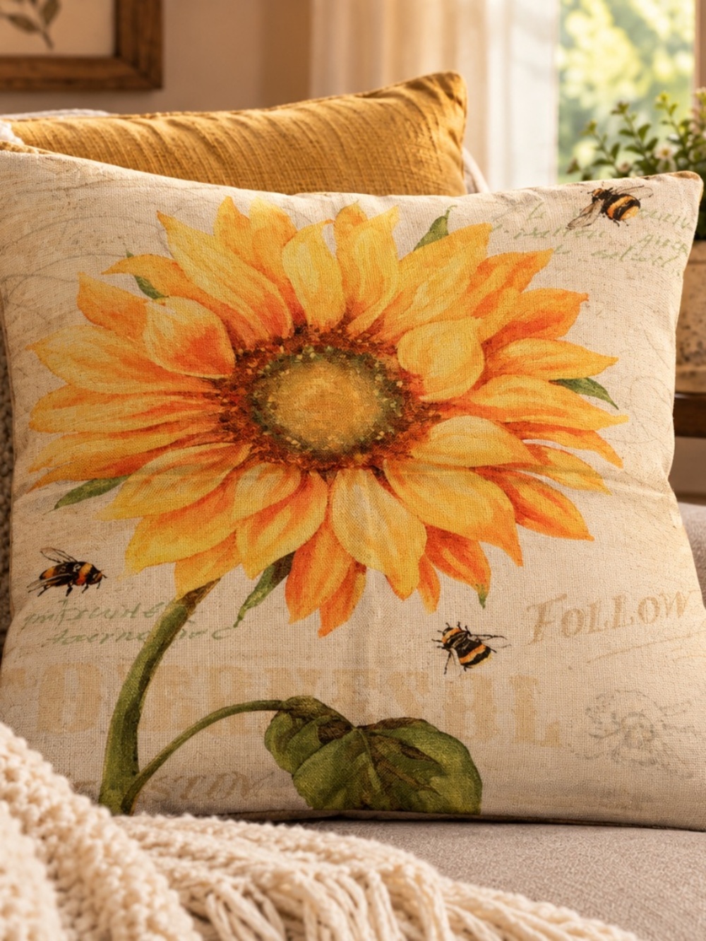 Farmhouse Sunflower Throw Pillow Cover
